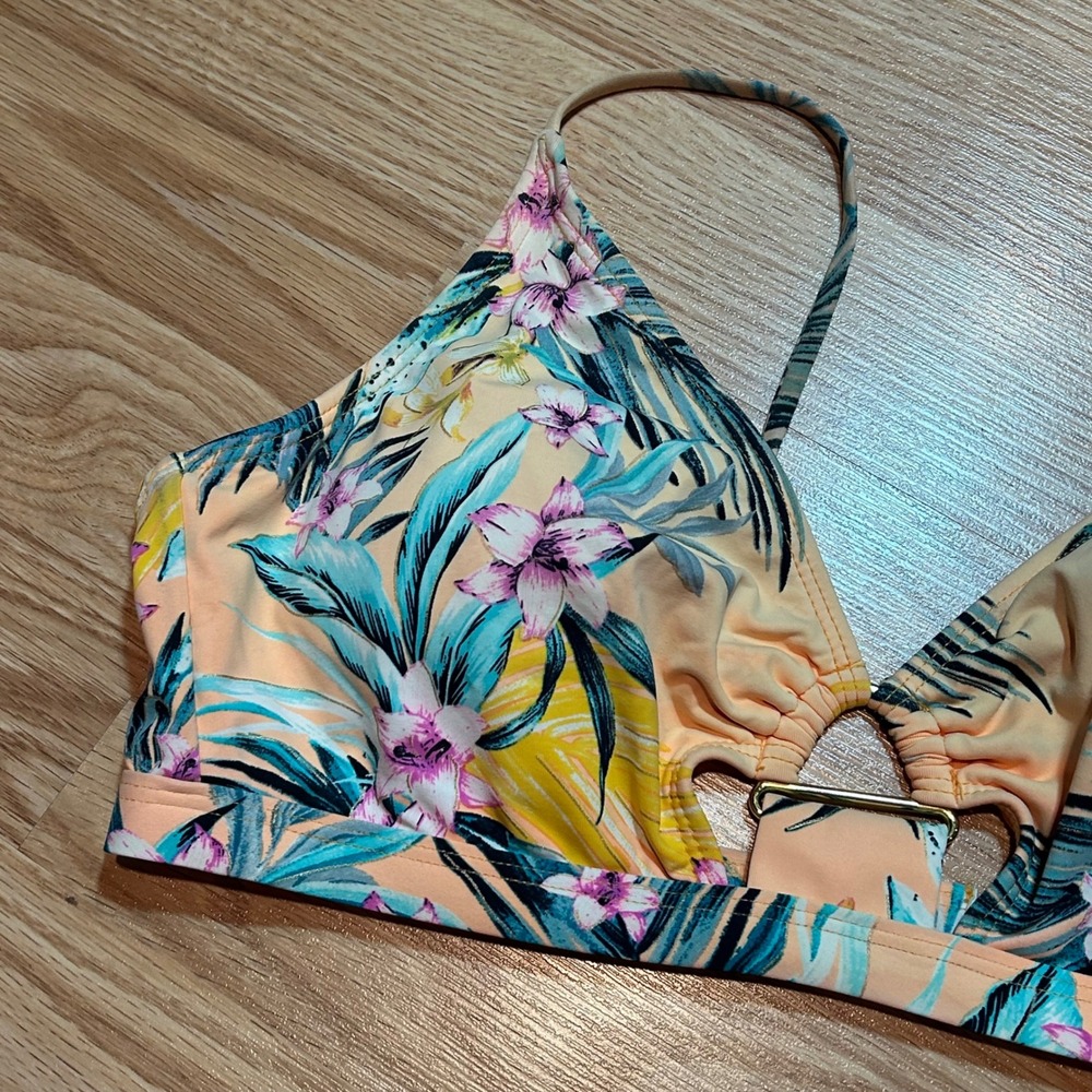 Ambrielle Tropical Floral Bikini Top Peach Teal Gold Ring Detail Large - Picture 2 of 6